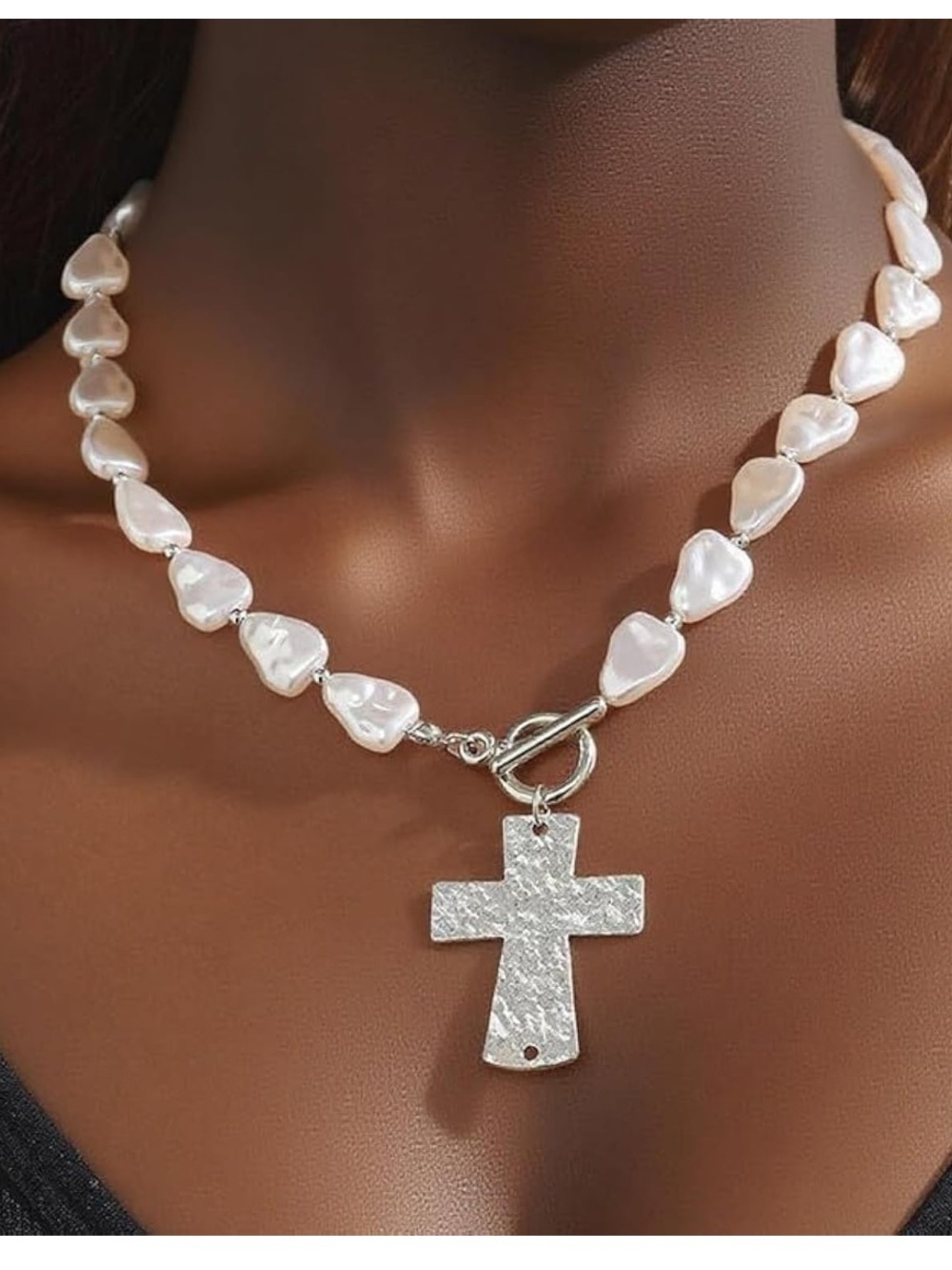 White Beaded Chain Necklace Silver Cross Charm Pendant Toggle Adjustable 17.7"